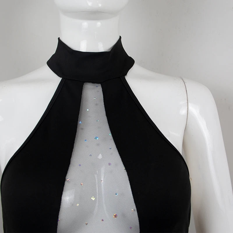 Halter Mesh Hollow Sides Mini Dress