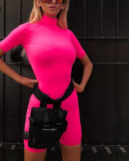 Turtleneck Short Sleeve Spandex Rompers