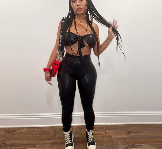 PU Leather Criss Cross V Sleeveless Top & Pants