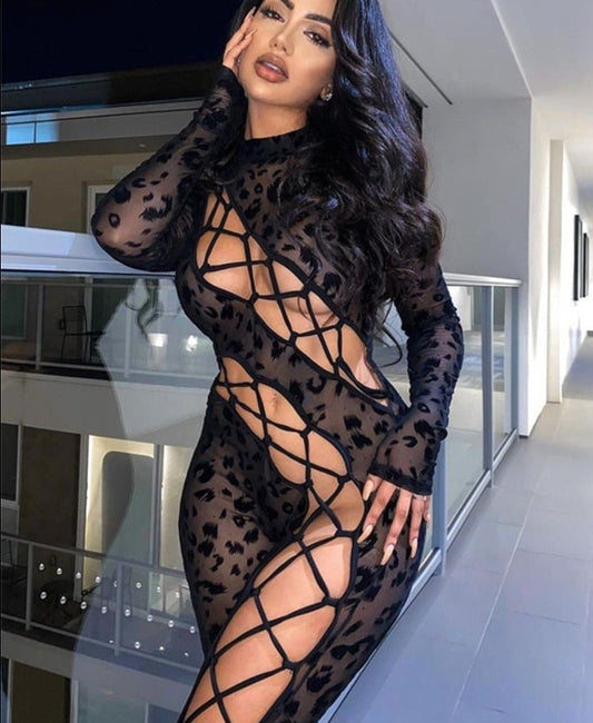 Leopard Mesh Bandage Baddie Jumpsuits
