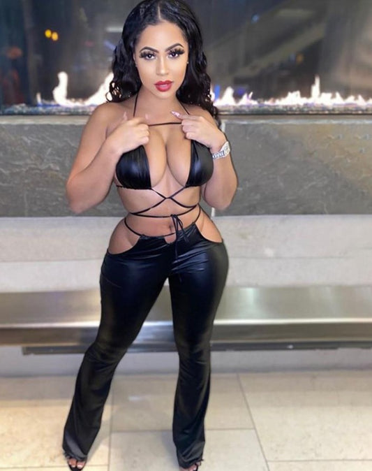 Pu Leather Lace Up Halter Bra + Mid Waist Hollow Hip Pants Set