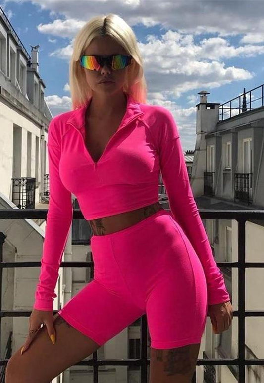 Fluorescence Long Sleeve Zipper Turtleneck Top And High Waist Shorts Sets