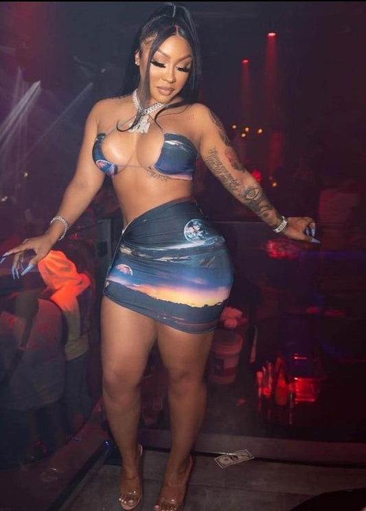 Night Sky Print Halter Crop Bra + Mini Skirt Set