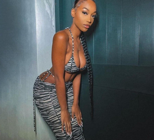 Zebra Print Sleeveless Backless Halter Top Crop Two Piece Set