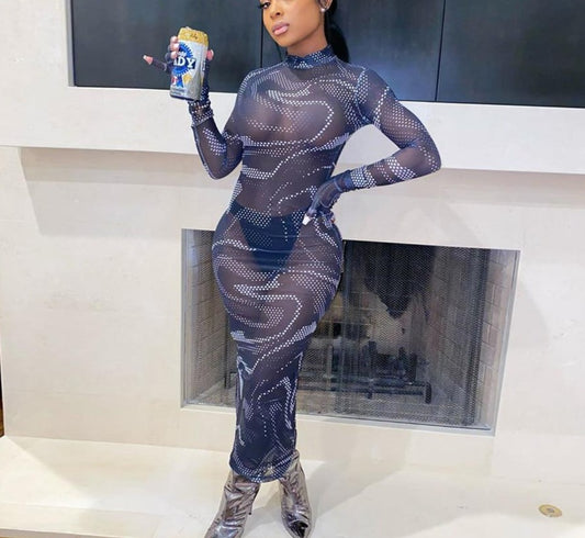 Blue Print Mesh Hollow Turtleneck Maxi Dress