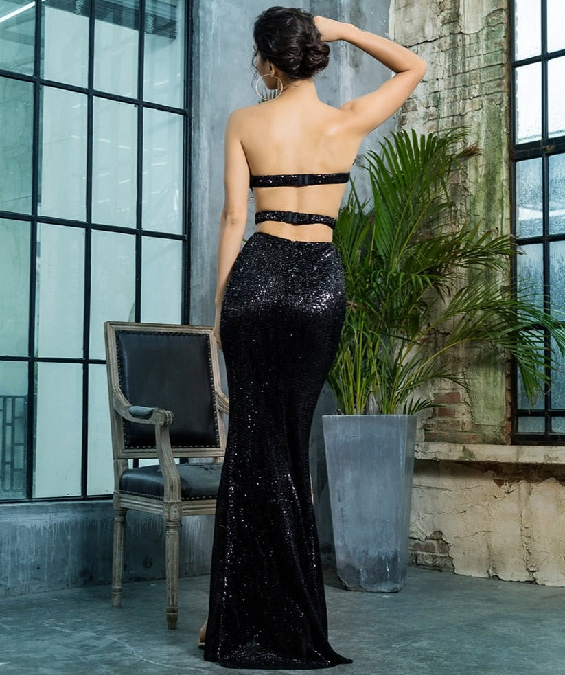 Strapless Side Cut Sequins Long Dresses