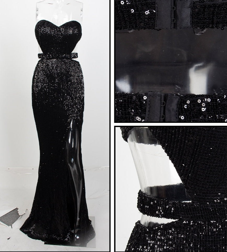 Strapless Side Cut Sequins Long Dresses