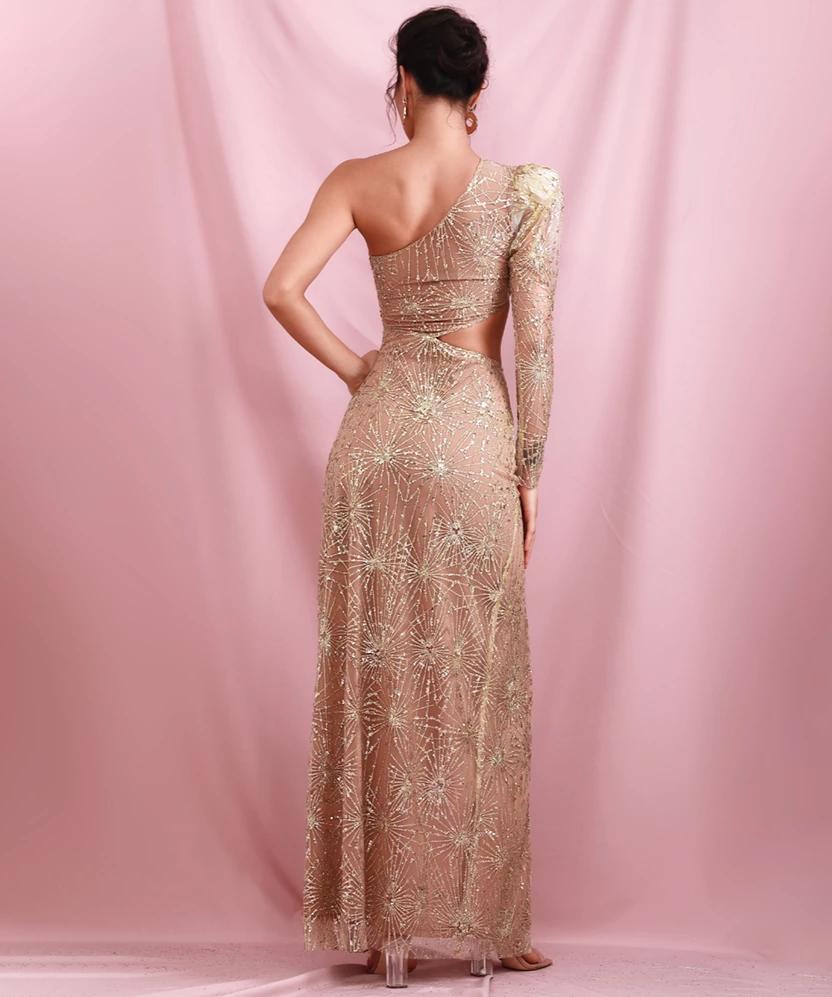 GOLD Glitter One Bare Shoulder Cut Out Split Lattice Maxi Dress