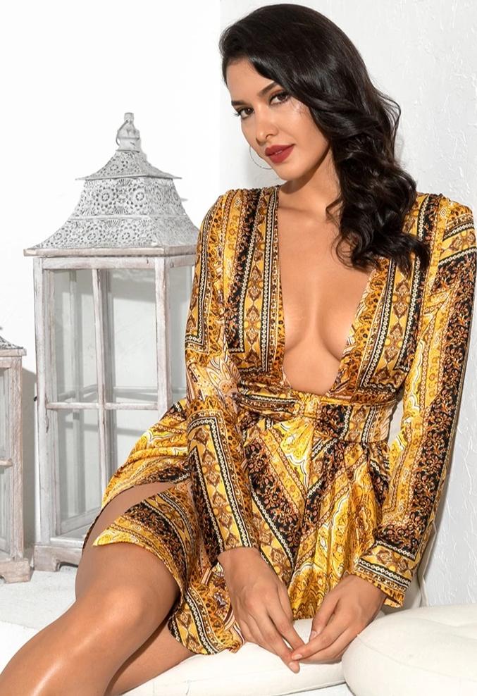 Vintage Print Deep V High Waist Split Shrug Mini Dress