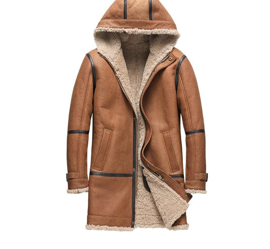 Genuine Leather Real Shearling Fur Hooded Midi Coats