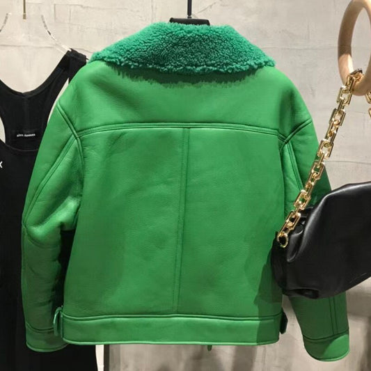Green Genuine Leather Shearling Moto Jacket