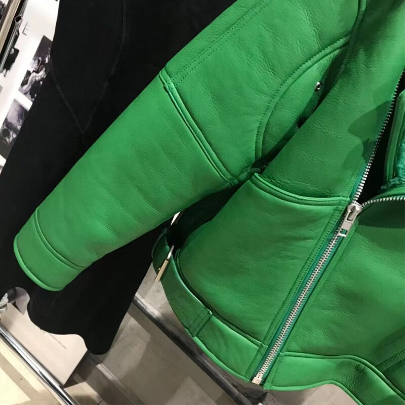 Green Genuine Leather Shearling Moto Jacket