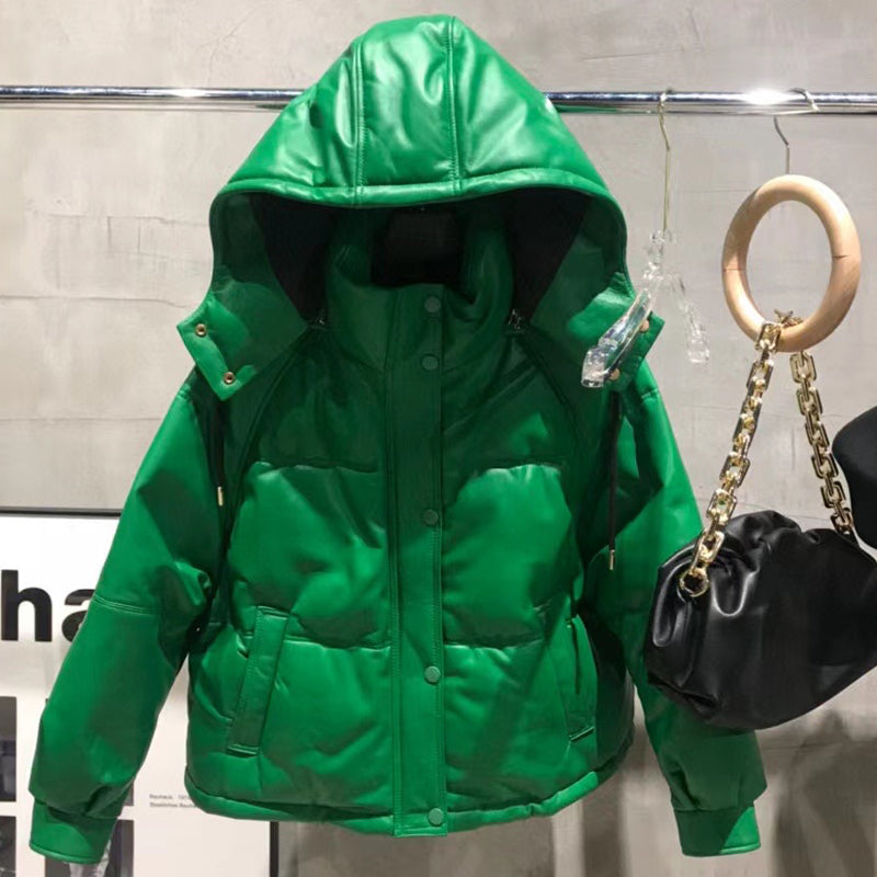 Ladies Genuine Sheep Leather Down Coat Hooded
