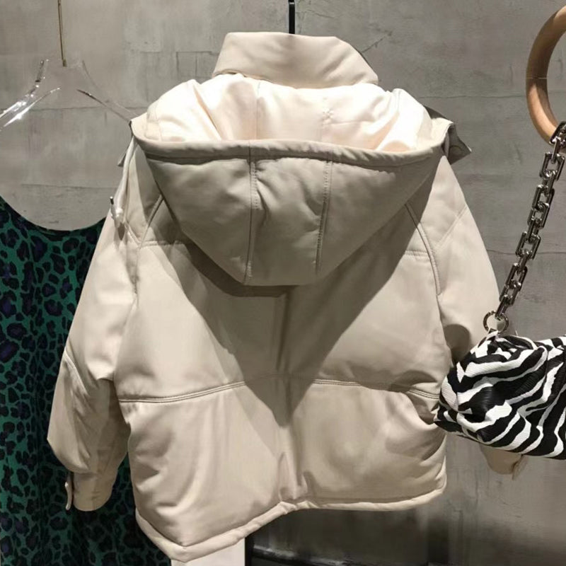 Ladies Genuine Sheep Leather Down Coat Hooded