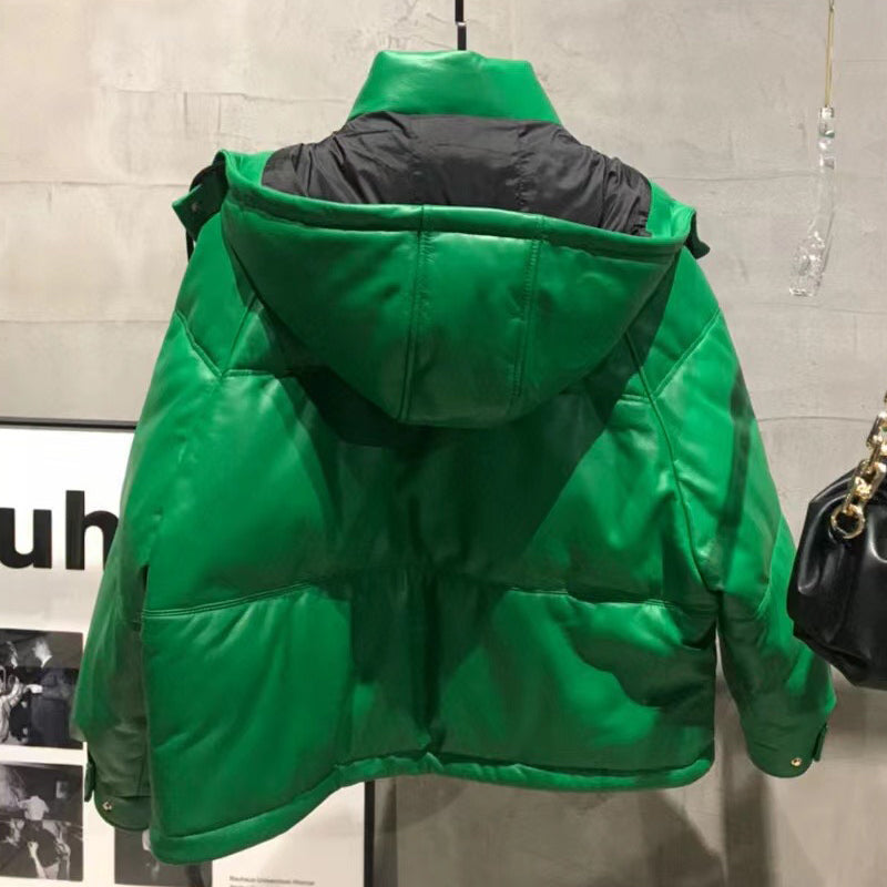Ladies Genuine Sheep Leather Down Coat Hooded