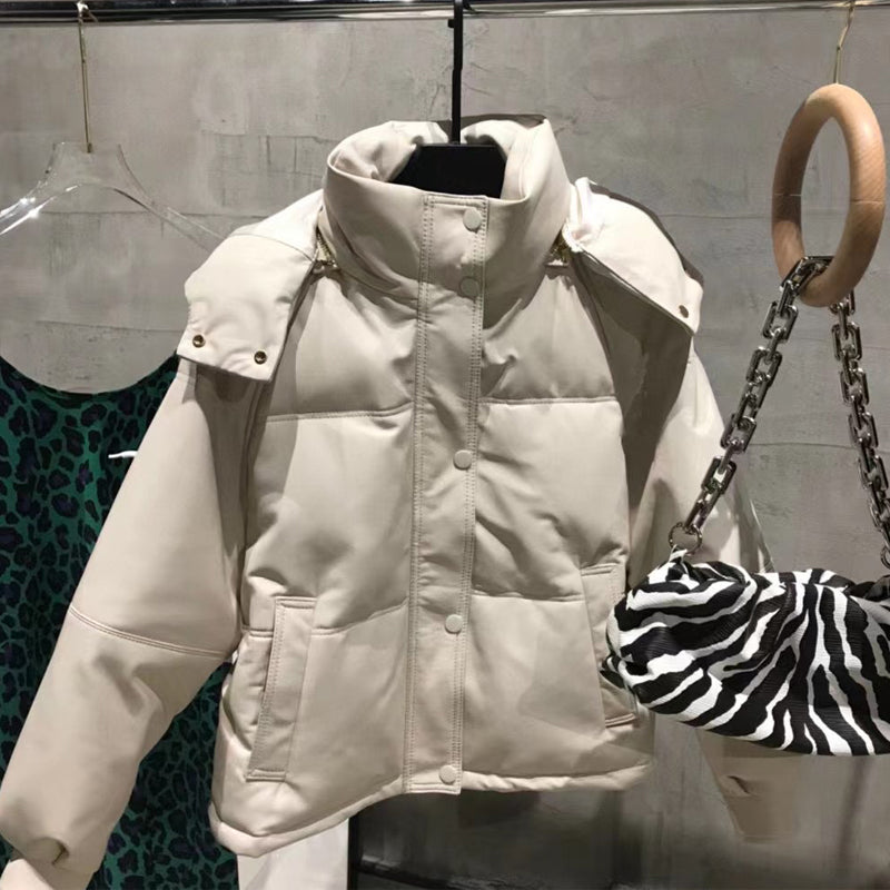 Ladies Genuine Sheep Leather Down Coat Hooded