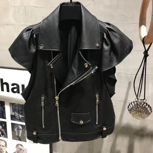 Genuine Leather Butterfly Sleeve Moto Vest