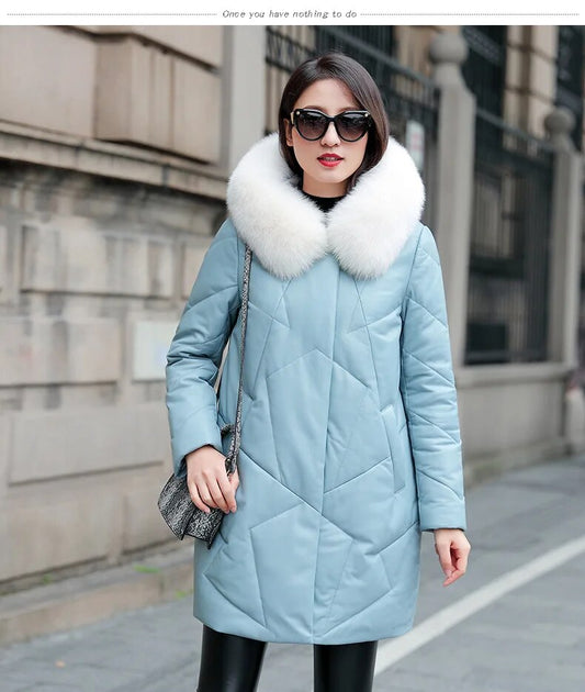 Genuine Leather Down Coat Real Fur Hood