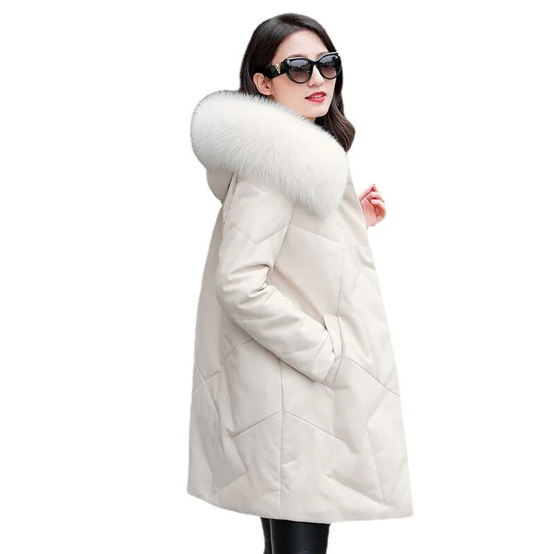 Genuine Leather Down Coat Real Fur Hood