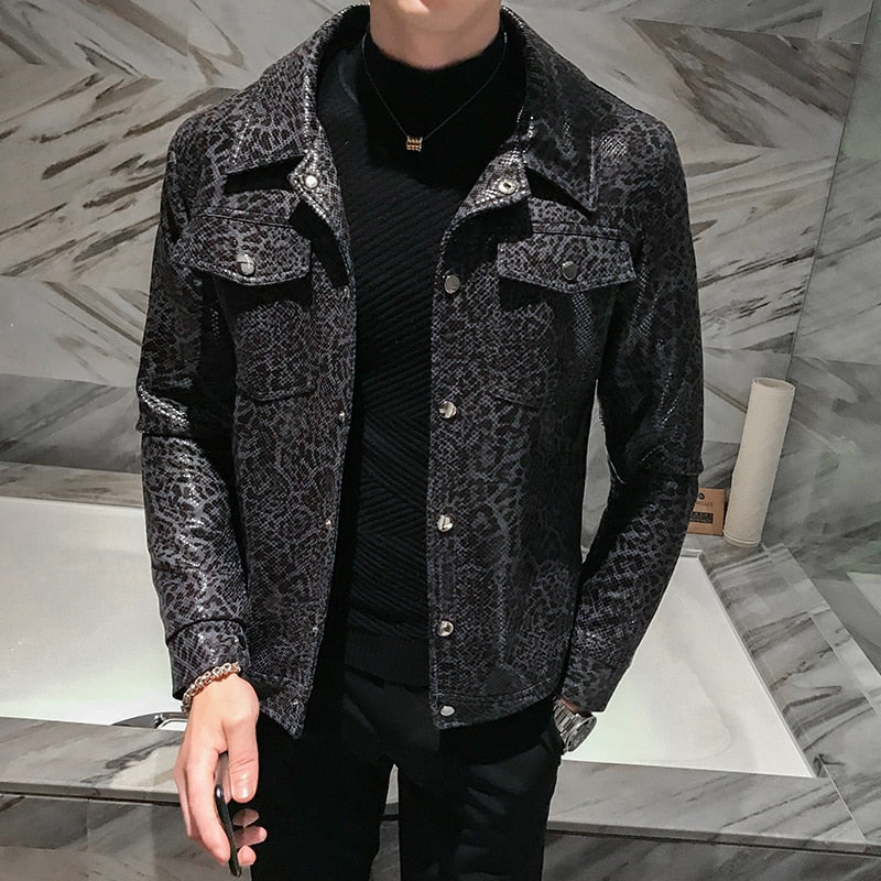 Leopard Print Slim Pu Leather Jackets