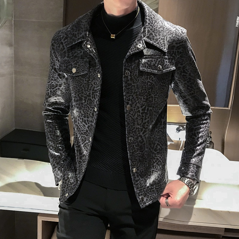 Leopard Print Slim Pu Leather Jackets