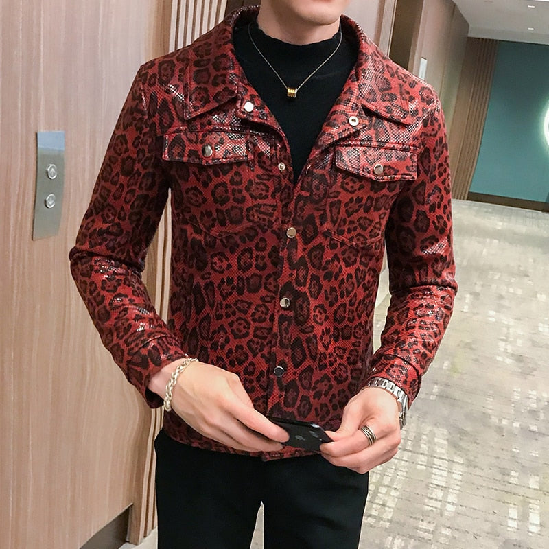 Leopard Print Slim Pu Leather Jackets
