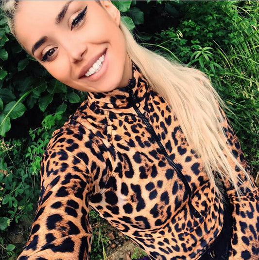 Leopard Print Turtleneck Long Sleeve One Piece