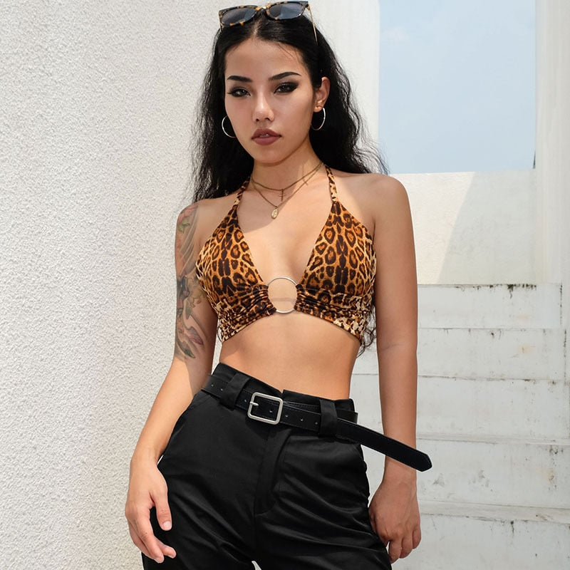 Leopard Halter Metal Ring Crop Top