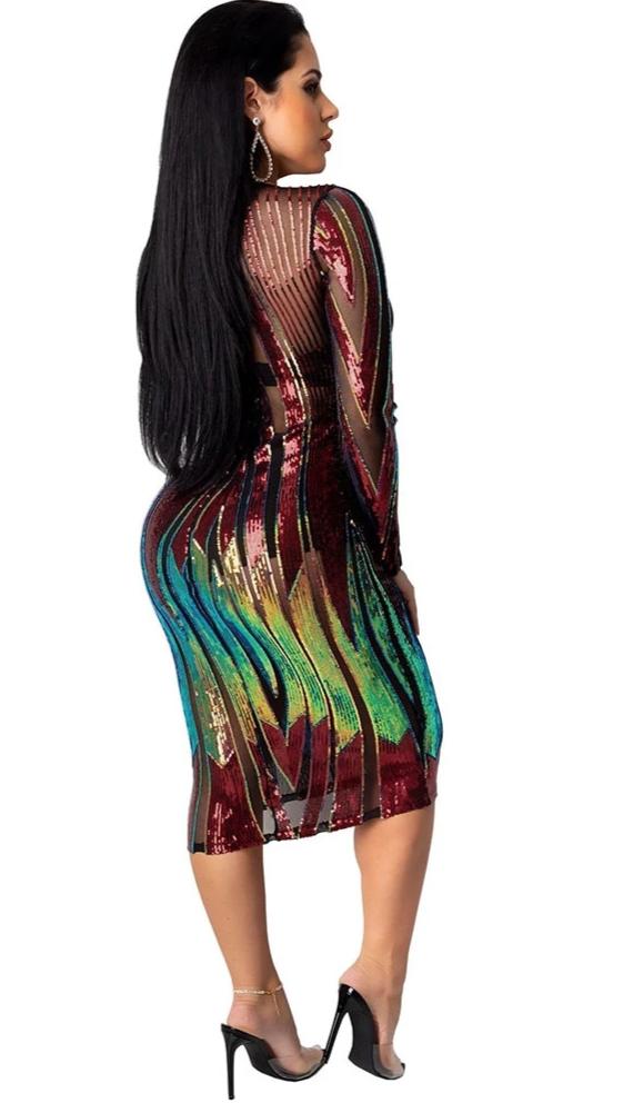 Mesh Sequin Design Long Sleeve O Neck Bodycon Midi Dress