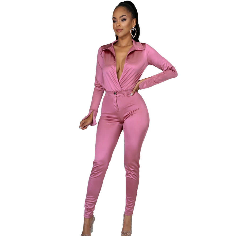 Satin Long Sleeve Blouse & Pants Sets