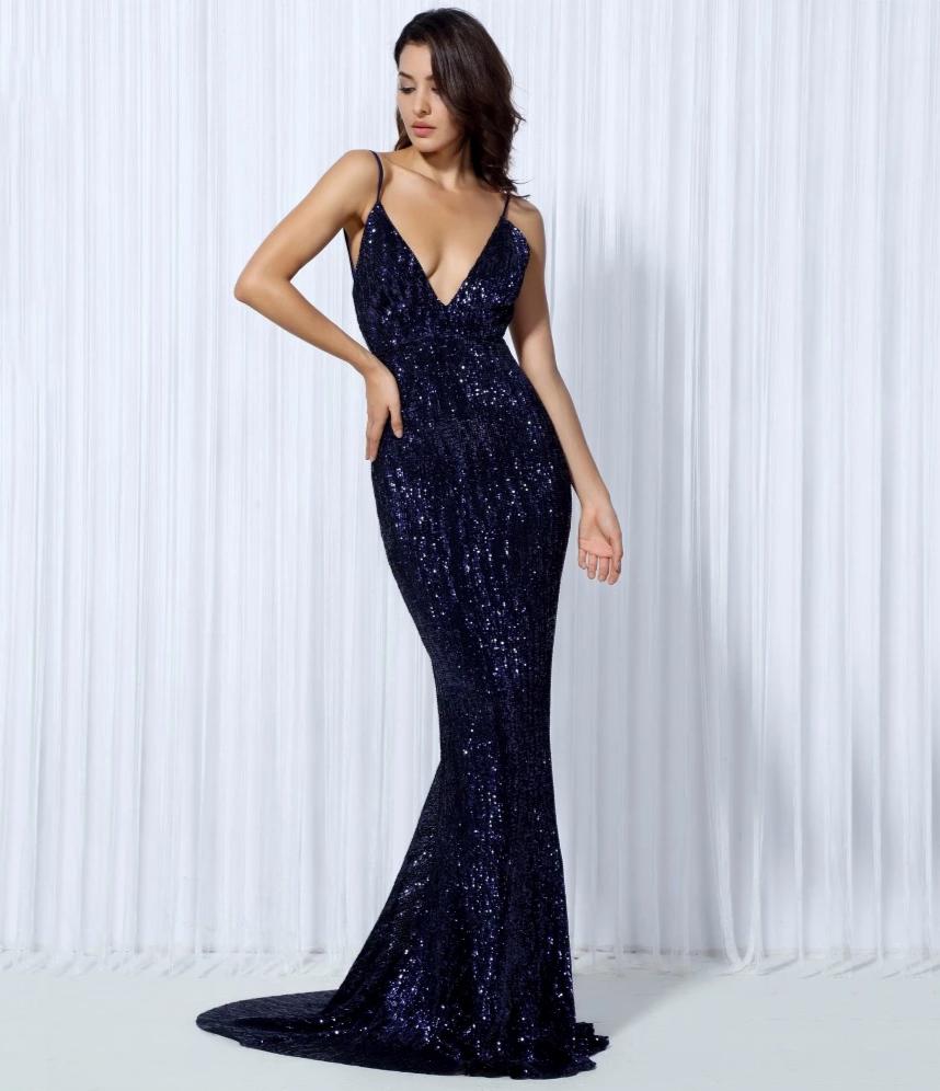 Deep V Sequins Sleeveless Trumpet Mermaid Maxi Dresses