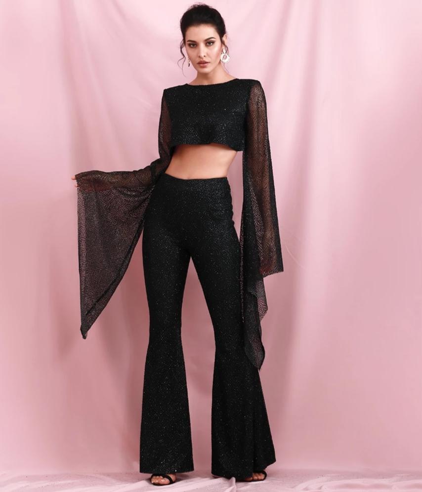 Cut Out Open Back Trumpet Shape Glitter Long Sleeve Jumpsuit