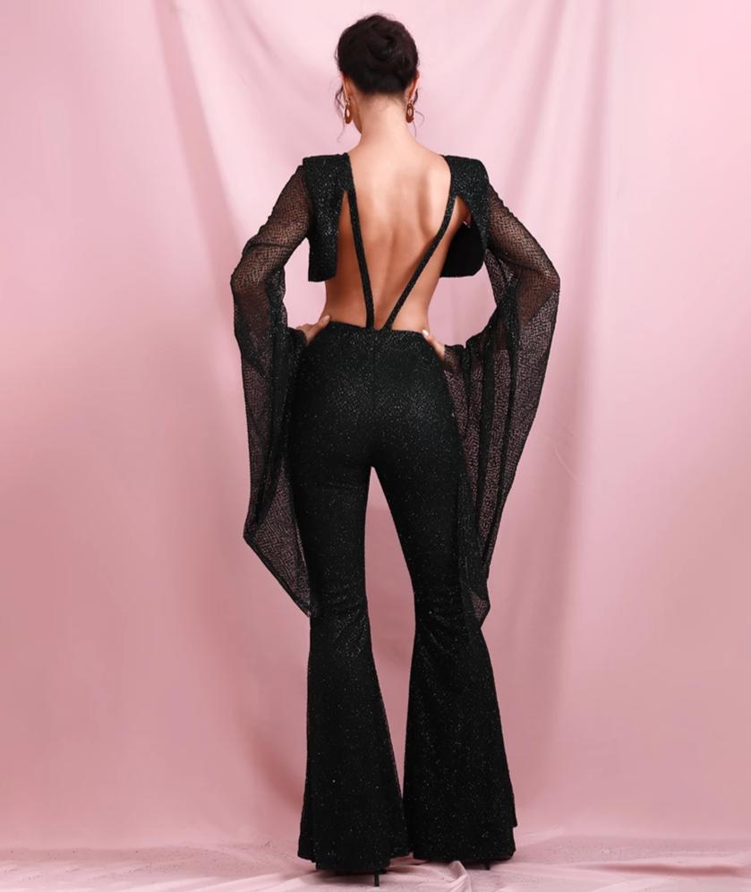 Cut Out Open Back Trumpet Shape Glitter Long Sleeve Jumpsuit