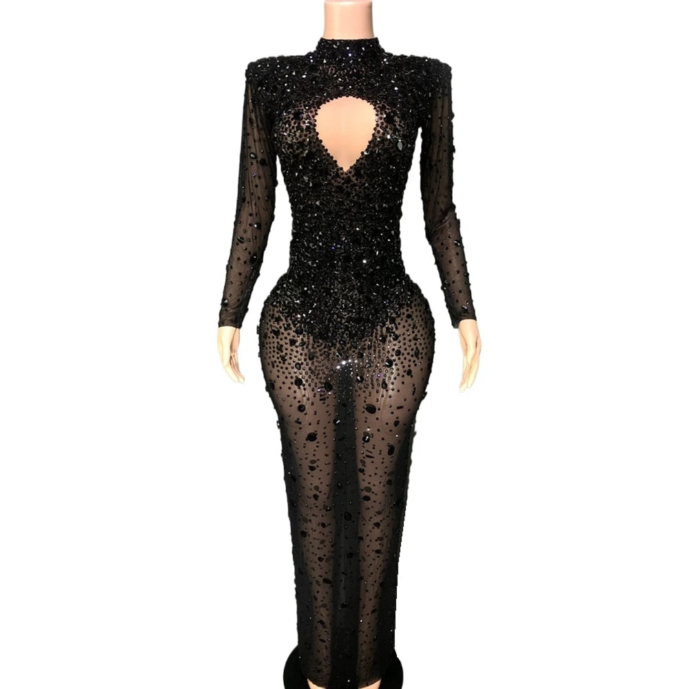 Rhinestones Hollow V Mesh Long Dresses