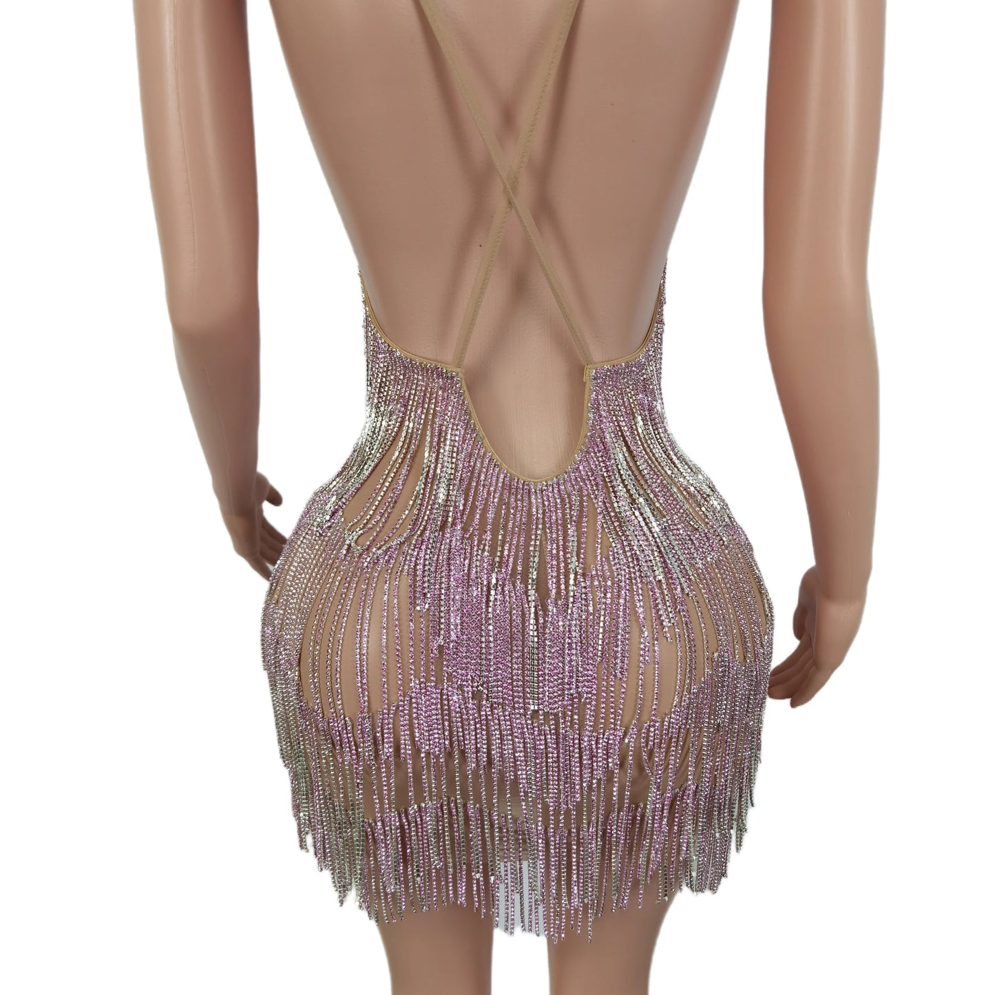 Rhinestones Tassel Fringe Backless Mini Dresses