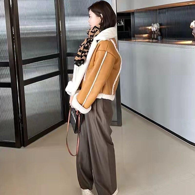 Brown Real Sheep Turn-Down Collar GENUINE LEATHER