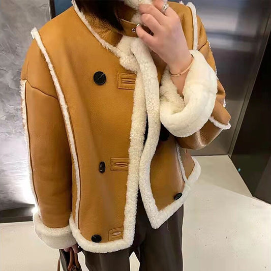 Brown Real Sheep Turn-Down Collar GENUINE LEATHER