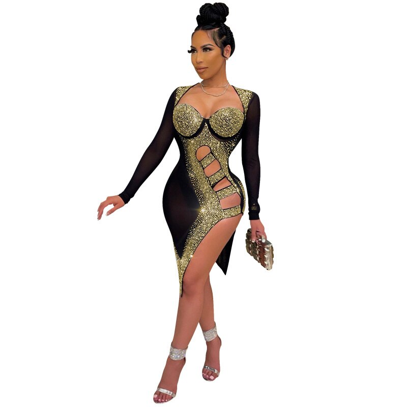 Sparkly Rhinestone Hollow High Split Dresses