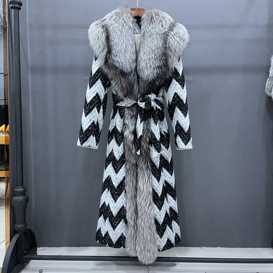 Real Silver Fox Fur Collar & Trim X-Long Pea Coats