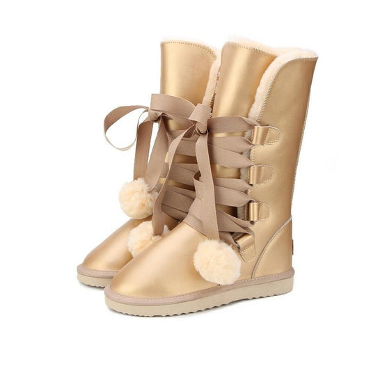 Genuine Leather Metallic Faux Fur Lace Boots