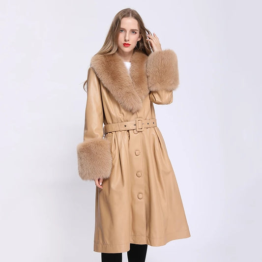 Genuine Leather Trench Coats Real Fur Collar & Cuffs