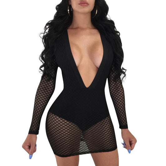 Deep Wide V Long Sleeve Backless Bodycon Mesh Dresses
