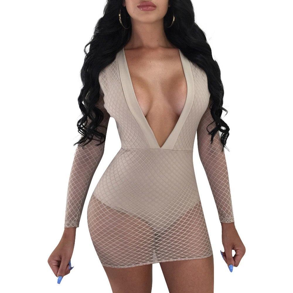 Deep Wide V Long Sleeve Backless Bodycon Mesh Dresses