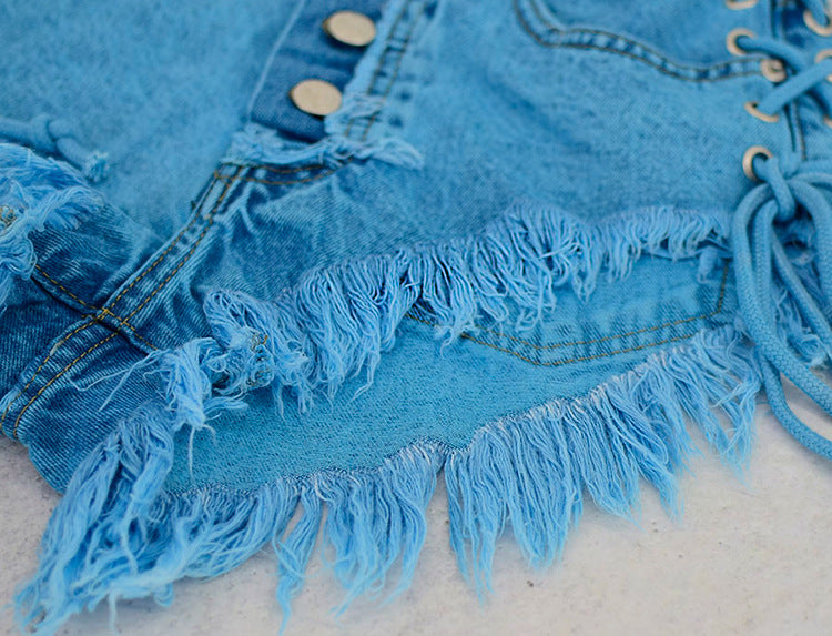 Side Tie up High Waist Denim Shorts