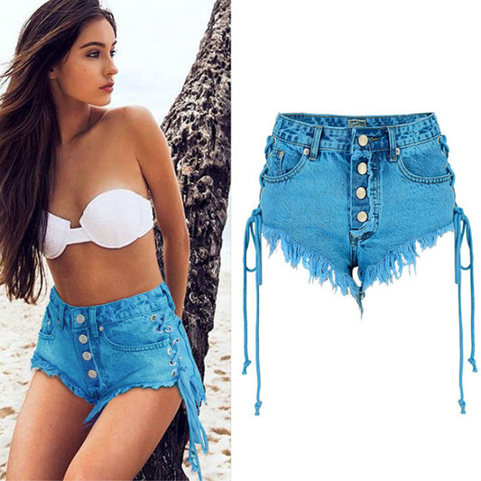 Side Tie up High Waist Denim Shorts