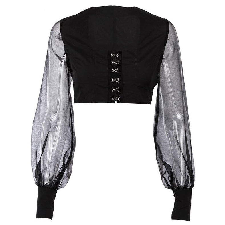 Black Square Neck Mesh Buckle Crop Top