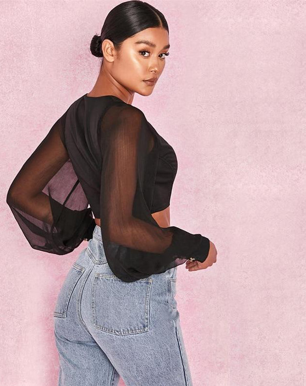 Black Square Neck Mesh Buckle Crop Top