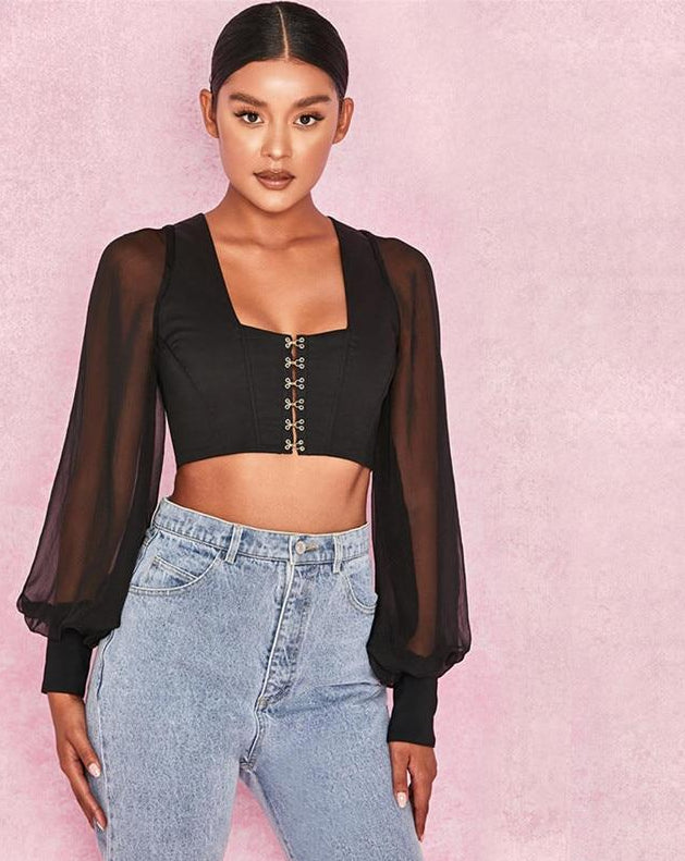 Black Square Neck Mesh Buckle Crop Top