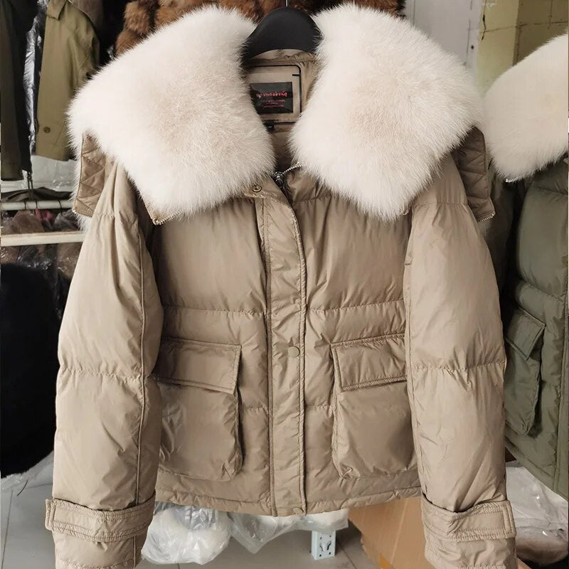 Losse Duck Down Real Fox Fur Collar Parka Puffer Coats