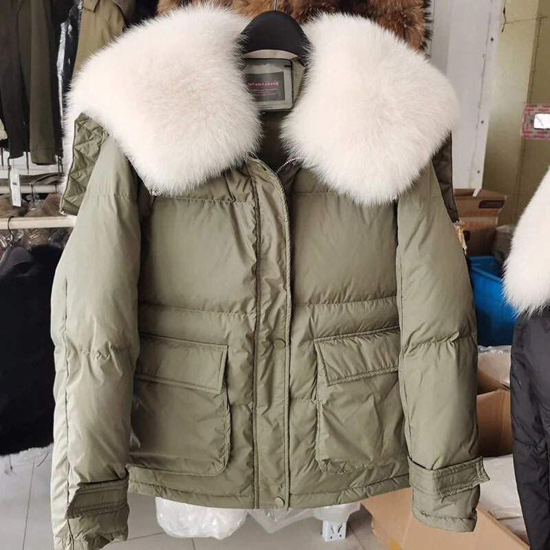 Losse Duck Down Real Fox Fur Collar Parka Puffer Coats